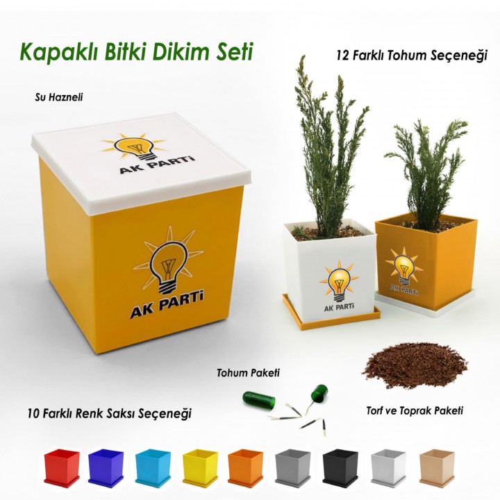AK Parti Logolu Kapaklı Mini Bitki Dikim Seti 10 Renk Saksı Seçenekli
